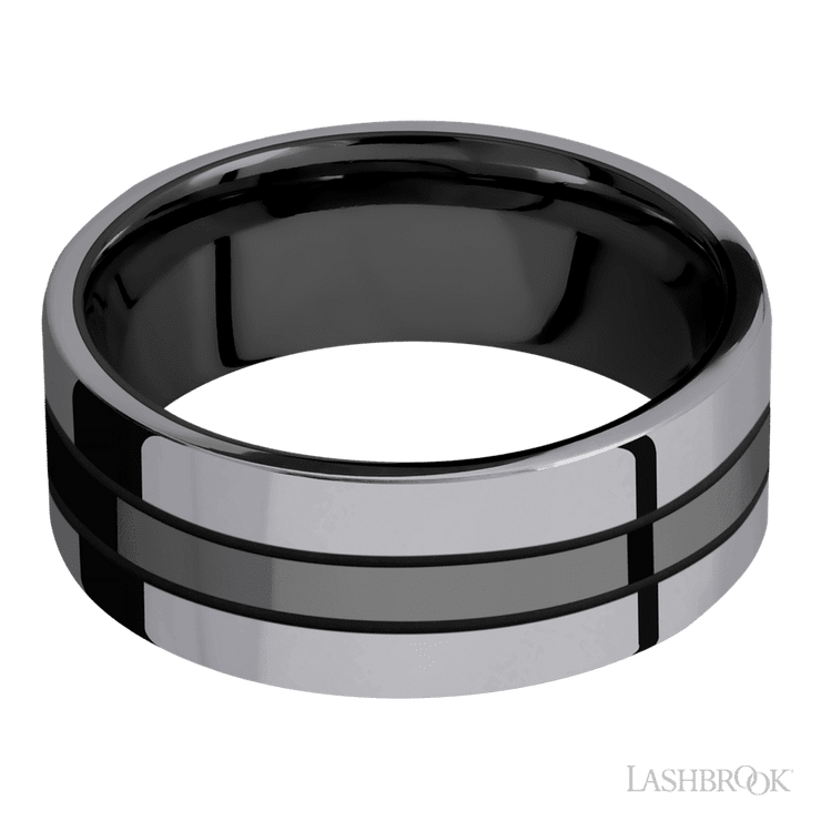 8 mm wide/Flat/Zirconium band with two 3 mm Double Off Center Edge inlays of Tantalum.
