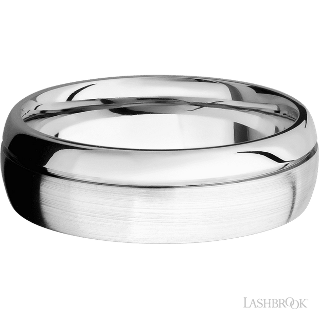 7 mm wide Domed with Off Center Accent Groove 14K White Gold band.
