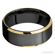 8 mm wide/Beveled/Zirconium band with two 1 mm Edge inlays of 14K Yellow Gold.