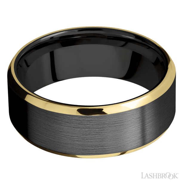 8 mm wide/Beveled/Zirconium band with two 1 mm Edge inlays of 14K Yellow Gold.