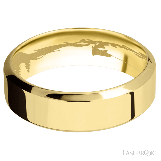 7 mm wide High Bevel 14K Yellow Gold band.