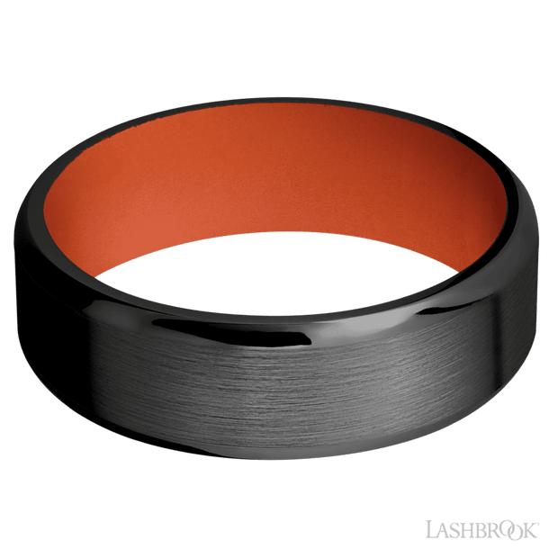 7 mm wide Beveled Zirconium band featuring a Hunter Orange sleeve.