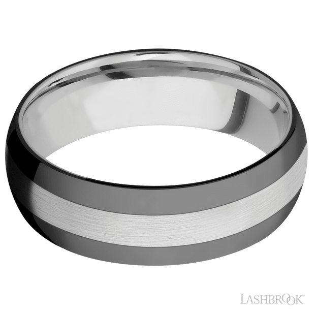 7 mm wide/Domed/Cobalt Chrome band with two 2 mm Double Off Center Edge inlays of Zirconium.