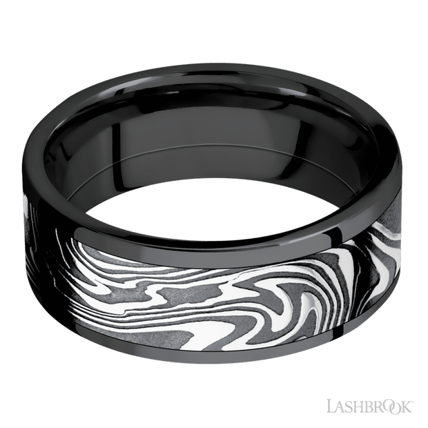 8 mm wide/Flat/Zirconium band with one 6 mm Centered inlay of Kinetic.