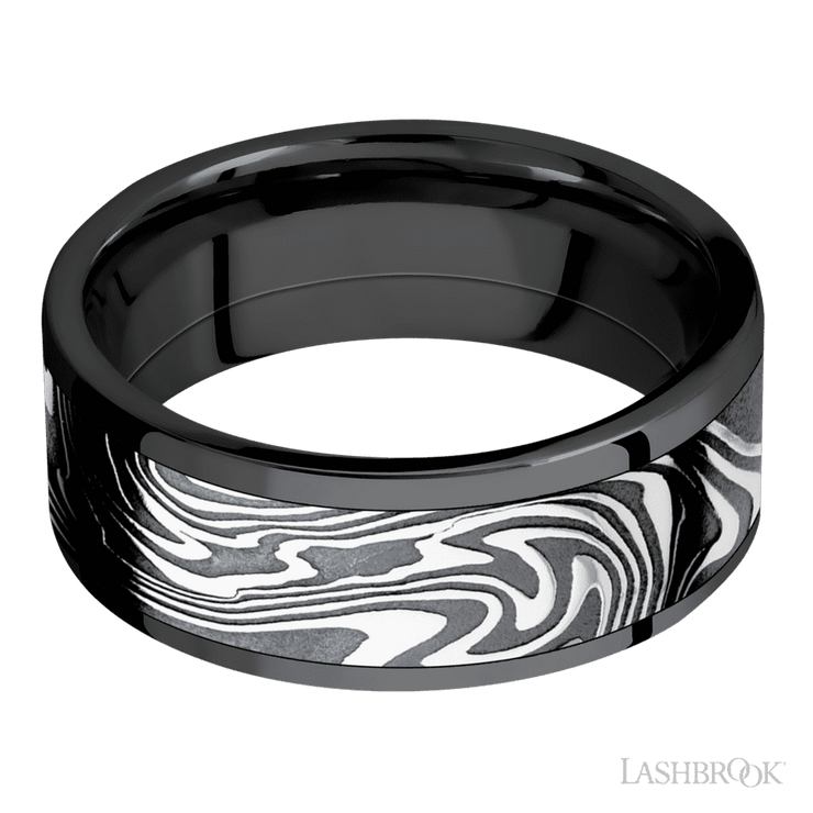 8 mm wide/Flat/Zirconium band with one 6 mm Centered inlay of Kinetic.