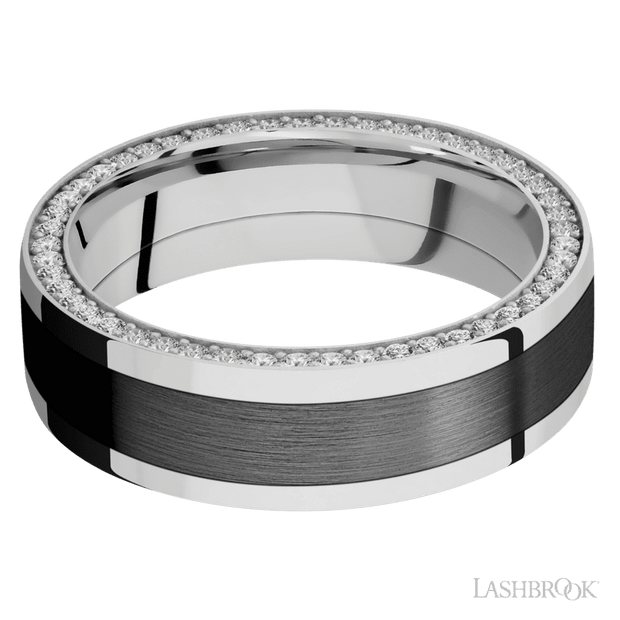 7 mm wide/Flat/14K White Gold band with  one 4 mm Centered inlay of Zirconium and featuring a Side Eternity arrangement of .01 carat Round Diamond stones in a Bead Channel setting