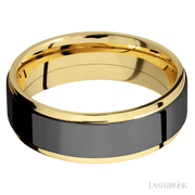 7 mm wide/Flat Grooved Edges/14K Yellow Gold band with one 5 mm Raised Centered inlay of Zirconium.
