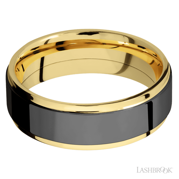 7 mm wide/Flat Grooved Edges/14K Yellow Gold band with one 5 mm Raised Centered inlay of Zirconium.