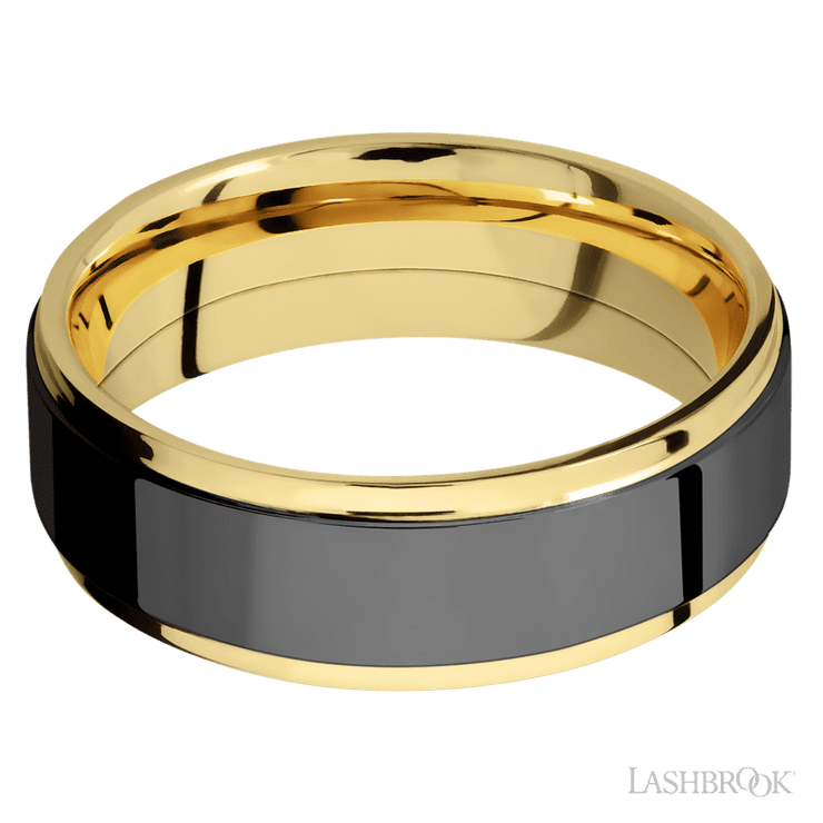 7 mm wide/Flat Grooved Edges/14K Yellow Gold band with one 5 mm Raised Centered inlay of Zirconium.