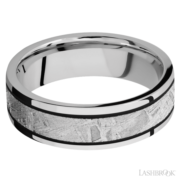 7 mm wide/Flat/Cobalt Chrome band with one 4 mm Centered inlay of Meteorite.