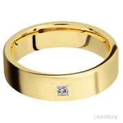 6 mm wide/Flat/14K Yellow Gold band with an  arrangement of 1, .1 carat Princess Diamond stones in a Flush setting.
