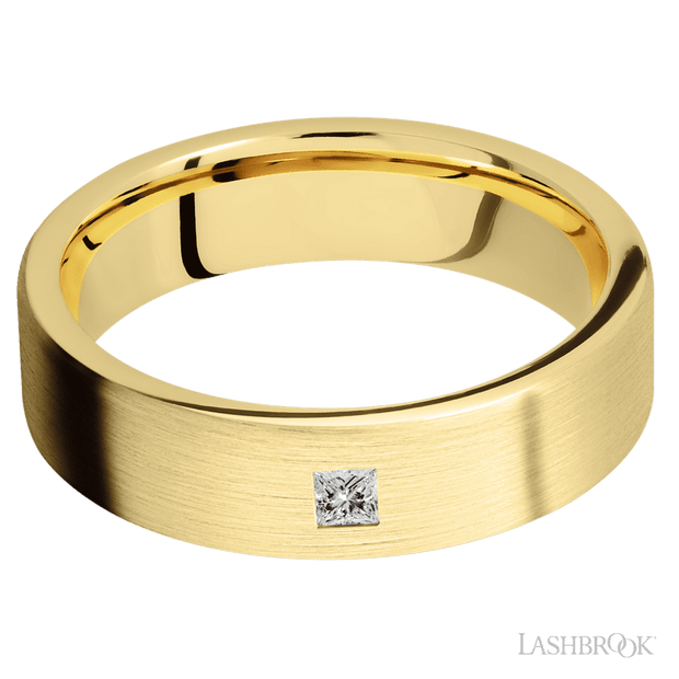 6 mm wide/Flat/14K Yellow Gold band with an  arrangement of 1, .1 carat Princess Diamond stones in a Flush setting.