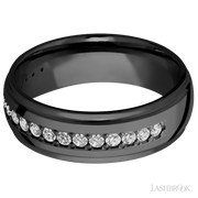 7 mm wide/Domed Stepped Down Edges/Zirconium band with a Half Eternity arrangement of .03 carat Round Diamond stones in a Bead setting.