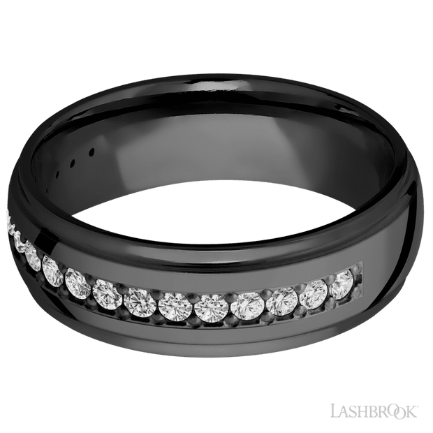 7 mm wide/Domed Stepped Down Edges/Zirconium band with a Half Eternity arrangement of .03 carat Round Diamond stones in a Bead setting.