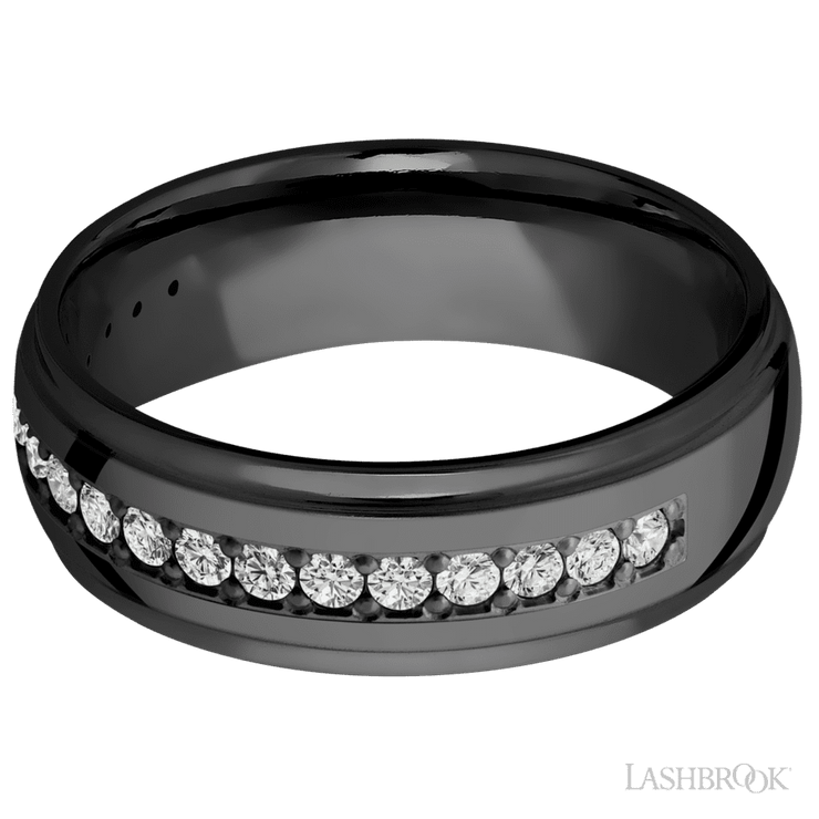 7 mm wide/Domed Stepped Down Edges/Zirconium band with a Half Eternity arrangement of .03 carat Round Diamond stones in a Bead setting.