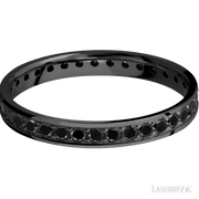 3 mm wide/Flat/Zirconium band with an Eternity arrangement of .03 carat Round Black Diamond stones in a Bead setting.