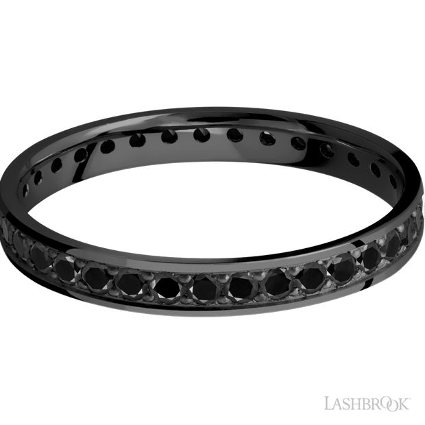 3 mm wide/Flat/Zirconium band with an Eternity arrangement of .03 carat Round Black Diamond stones in a Bead setting.