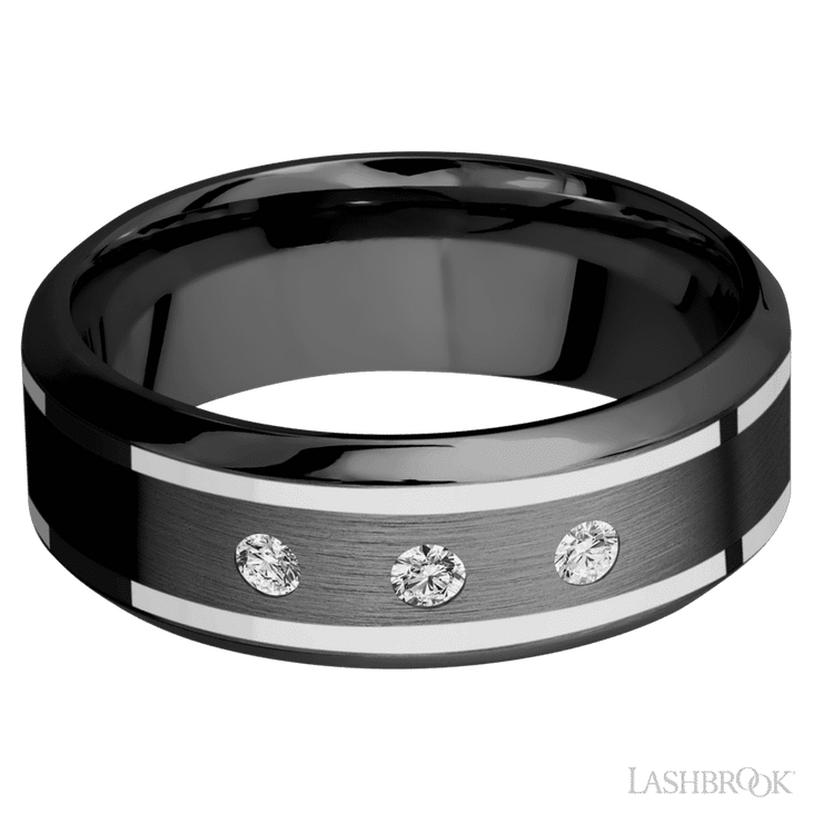 8 mm wide/High Bevel/Zirconium band with  two 1 mm Wide inlays of 14K White Gold and featuring an  arrangement of 3, .05 carat Round Diamond (ST) stones in a Flush setting
