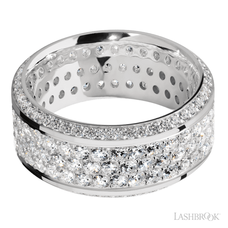 10 mm wide/High Bevel/14K White Gold band with a Bevel Eternity arrangement of .01 carat Round Diamond stones in a Bead setting and featuring a a 3 Row Eternity arrangement of .03 carat Round Diamond stones in a Bead Channel setting