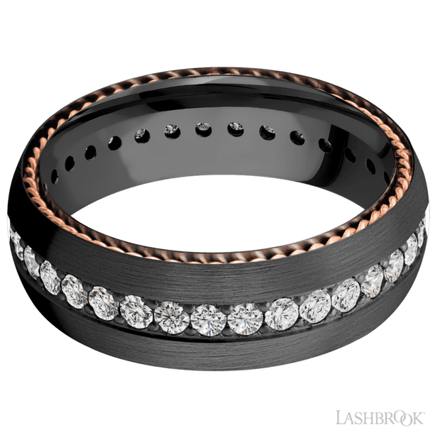 7 mm wide/Domed/Zirconium band with  two 1 mm Sidebraid inlays of 14K Rose Gold and featuring an Eternity arrangement of .03 carat Round Lab Grown Diamond stones in a Bead setting