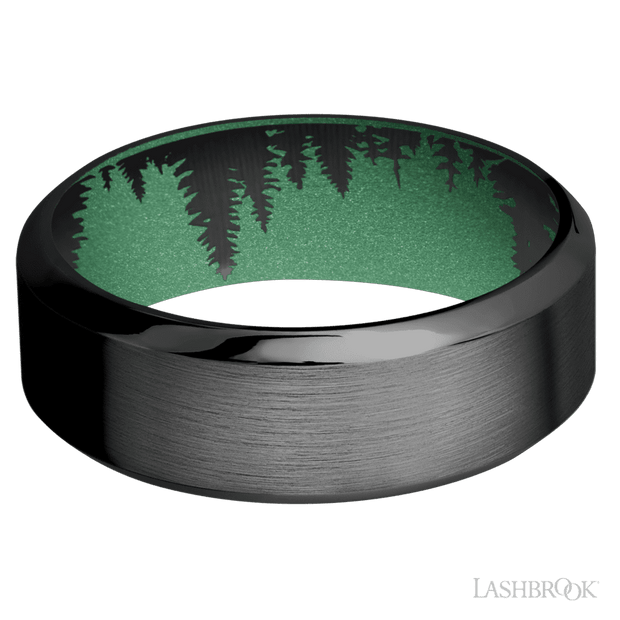 8 mm wide High Bevel Zirconium band featuring a Squatch sleeve.