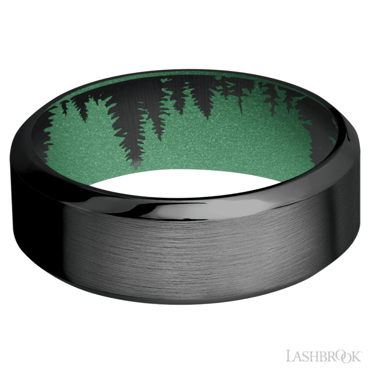 8 mm wide High Bevel Zirconium band featuring a Squatch sleeve.