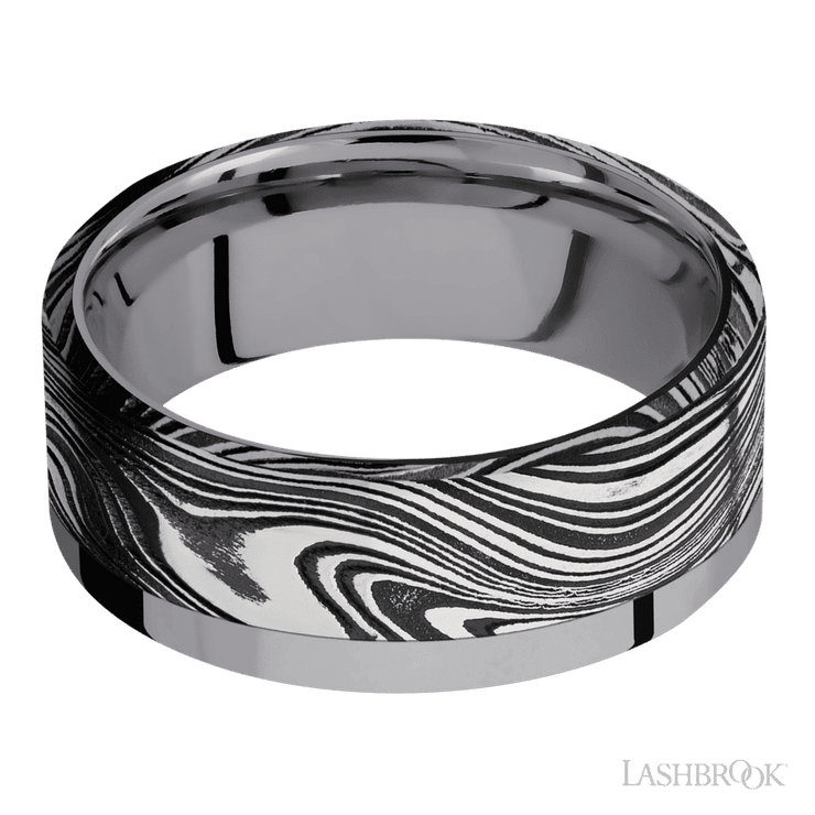 8 mm wide/Flat/Tantalum band with one 6 mm Off Center Edge inlay of Marble.
