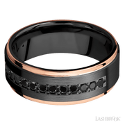 8 mm wide/Flat Grooved Edges/Zirconium band with a Half Eternity arrangement of .03 carat Round Black Diamond stones in a Bead setting and featuring two 1 mm Edge inlays of 14K Rose Gold