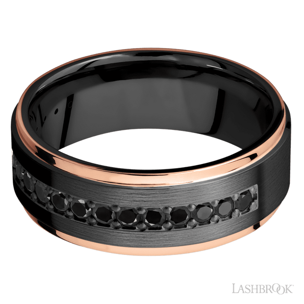 8 mm wide/Flat Grooved Edges/Zirconium band with a Half Eternity arrangement of .03 carat Round Black Diamond stones in a Bead setting and featuring two 1 mm Edge inlays of 14K Rose Gold