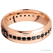 7 mm wide/High Bevel Milgrain/14K Rose Gold band with an Eternity arrangement of .03 carat Round Black Diamond stones in a Bead Channel setting.
