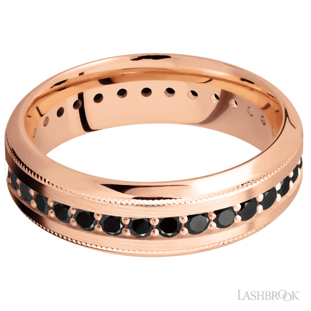 7 mm wide/High Bevel Milgrain/14K Rose Gold band with an Eternity arrangement of .03 carat Round Black Diamond stones in a Bead Channel setting.