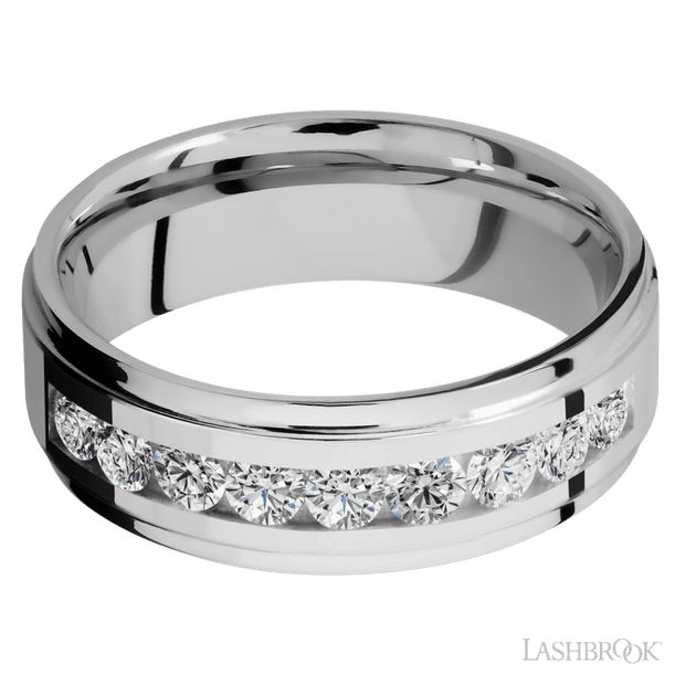 7 mm wide/Flat Grooved Edges/Cobalt Chrome band with an  arrangement of 9, .1 carat Round Diamond stones in a Channel setting.