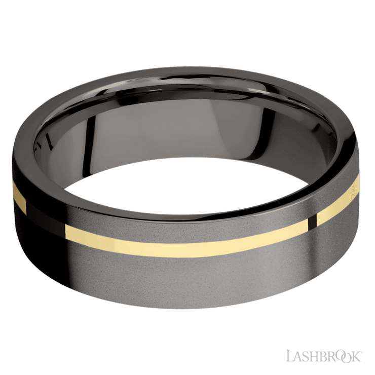 7 mm wide/Flat/Tantalum Noir band with one 1 mm Off Center inlay of 14K Yellow Gold.