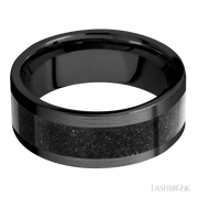 8 mm wide/Flat/Zirconium band with one 5 mm Centered inlay of Dinosaur Bone Black.