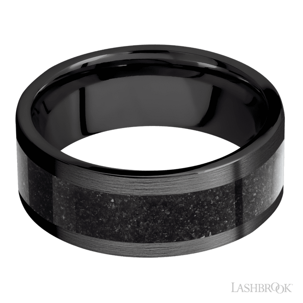 8 mm wide/Flat/Zirconium band with one 5 mm Centered inlay of Dinosaur Bone Black.