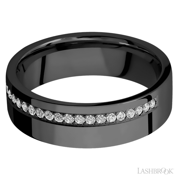 7 mm wide/Flat/Zirconium band with a Off Center Half Eternity arrangement of .015 carat Round Diamond stones in a Bead setting.