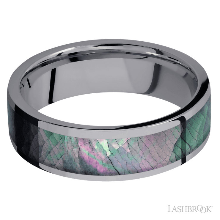 7 mm wide/Flat/Tantalum band with one 5 mm Centered inlay of Black Mother of Pearl.