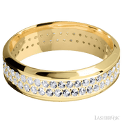 7 mm wide/High Bevel/14K Yellow Gold band with a 2 Row Eternity arrangement of .015 carat Round Diamond stones in a Bead Channel setting.