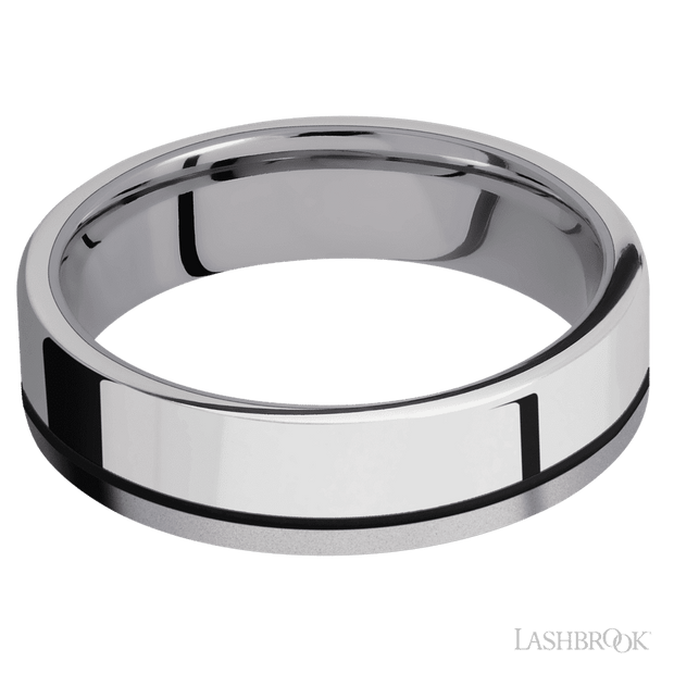 6 mm wide/Flat/Tantalum band with one 4 mm Off Center Edge inlay of Palladium Silver.