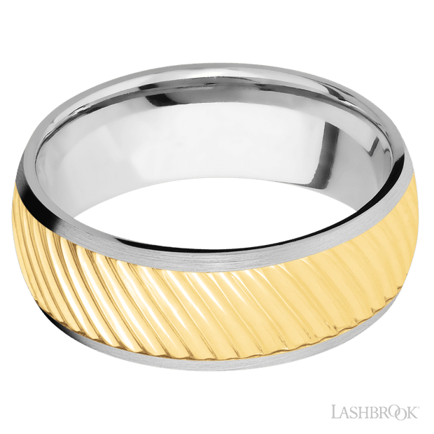 8 mm wide/Domed/14K White Gold band with one 6 mm Centered inlay of 14K Yellow Gold with a machined Ripple pattern.