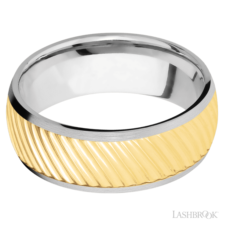 8 mm wide/Domed/14K White Gold band with one 6 mm Centered inlay of 14K Yellow Gold with a machined Ripple pattern.