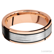 7 mm wide/Flat/14K Rose Gold band with one 4 mm Centered inlay of 14K White Gold.