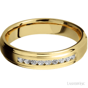 5 mm wide/Flat Grooved Edges/14K Yellow Gold band with an  arrangement of 9, .03 carat Round Diamond stones in a Channel setting.