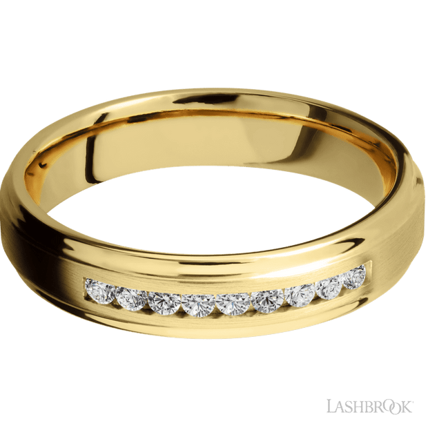 5 mm wide/Flat Grooved Edges/14K Yellow Gold band with an  arrangement of 9, .03 carat Round Diamond stones in a Channel setting.