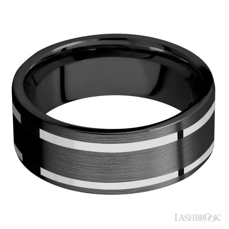 8 mm wide/Flat/Zirconium band with two 1 mm Wide inlays of 14K White Gold.
