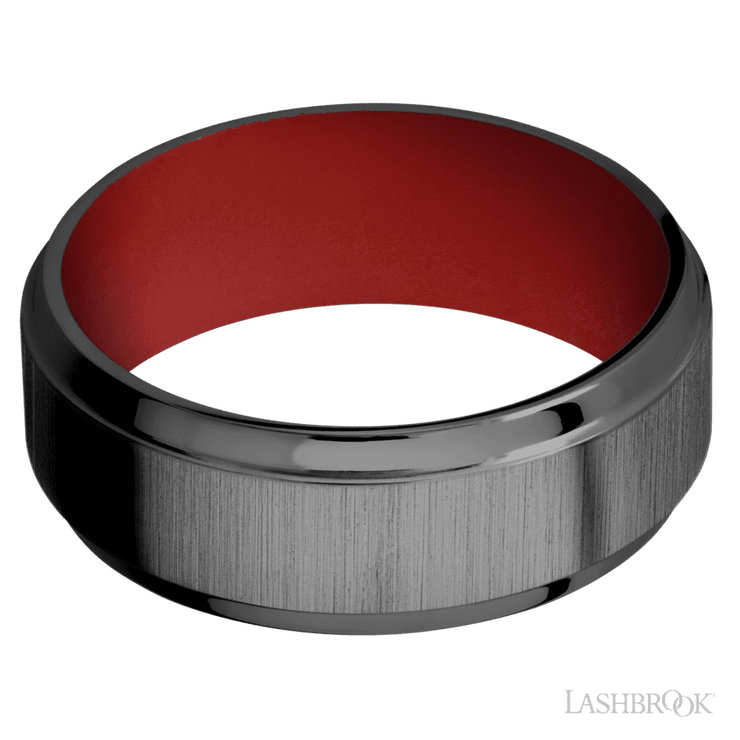 8 mm wide Stepped Bevel Zirconium band featuring a USMC Red sleeve.