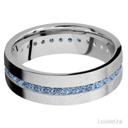 7 mm wide/Flat/14K White Gold band with an Eternity arrangement of .03 carat Round Denim Sapphire stones in a Channel setting.