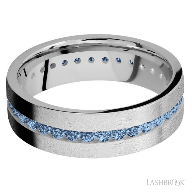 7 mm wide/Flat/14K White Gold band with an Eternity arrangement of .03 carat Round Denim Sapphire stones in a Channel setting.