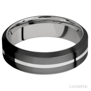 7 mm wide/High Bevel/Zirconium band with one 1 mm Centered inlay of Palladium Silver also featuring a Palladium Silver sleeve.
