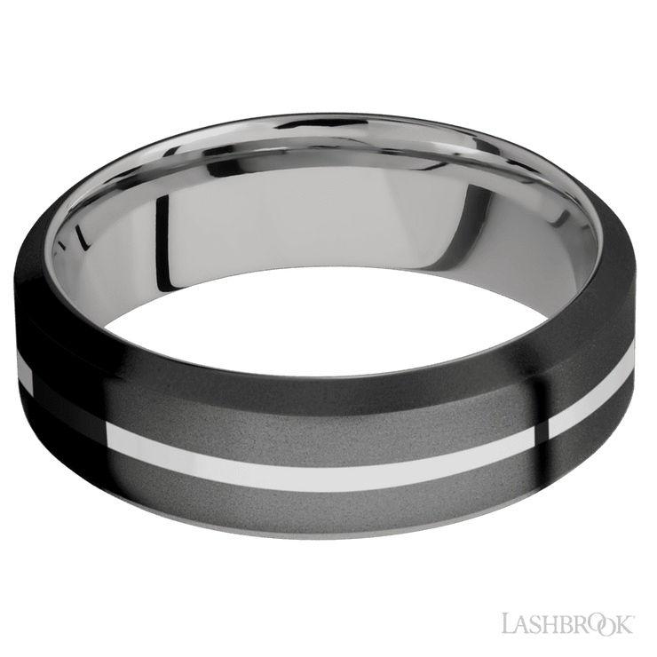 7 mm wide/High Bevel/Zirconium band with one 1 mm Centered inlay of Palladium Silver also featuring a Palladium Silver sleeve.